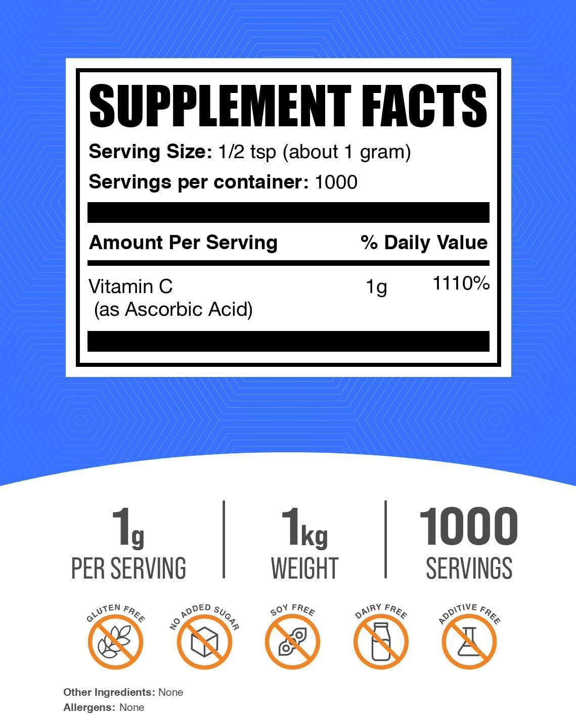 BulkSupplements.com Polvo de Ácido Ascórbico - Suplemento de Vitamina C, Apoyo Inmunológico - Ácido Ascórbico de Grado Alimentario, Sin Gluten, 1 g por Porción, 1 kg (2,2 lb) (Paquete de 1)