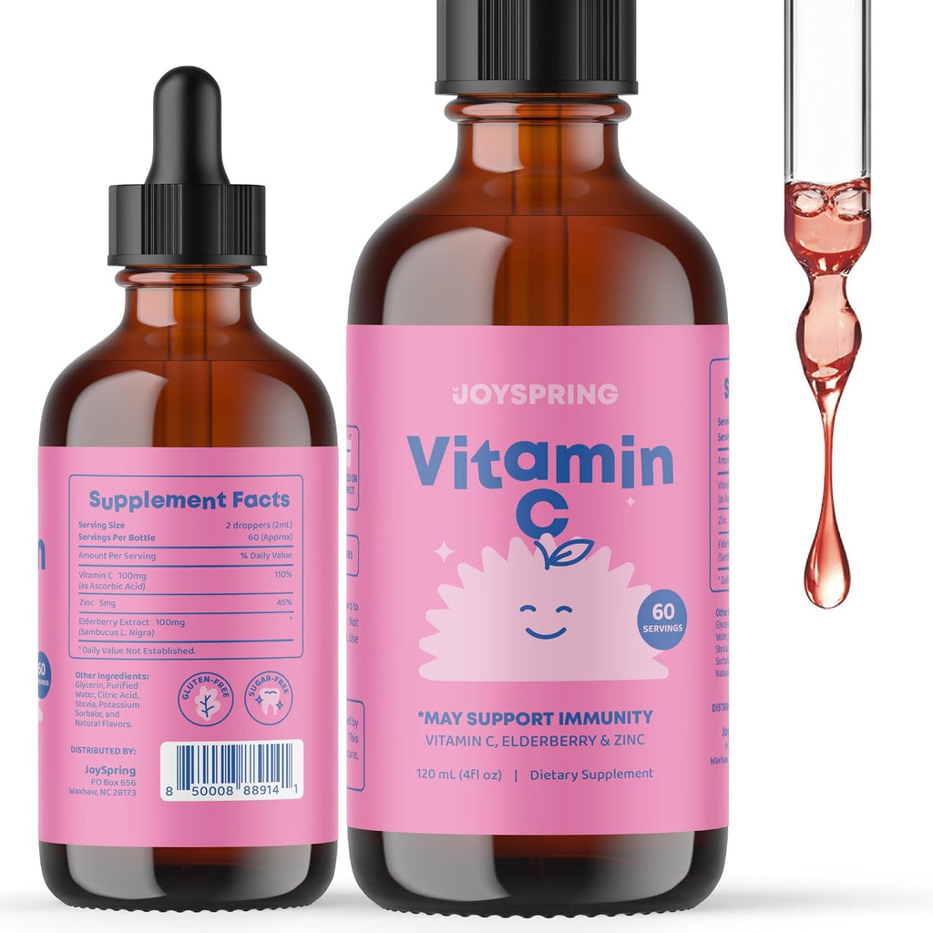 JoySpring Vitamina C y Zinc para Niños con Saúco, Suplemento Líquido | Sin Alcohol | 3+ Años (60 ml, 30 Dosis)