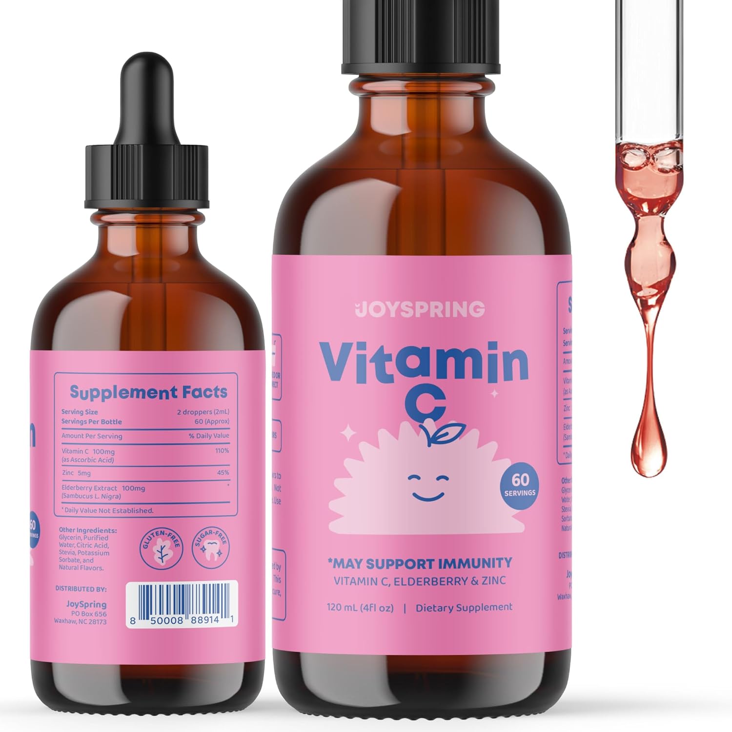 JoySpring Vitamina C y Zinc para Niños con Saúco – Gotas Líquidas, 118 ml (60 dosis)