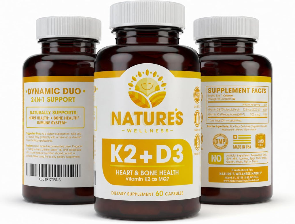 Vitamina D3 5000 UI + K2 MK-7 100 mcg, 60 cápsulas - Natures Wellness