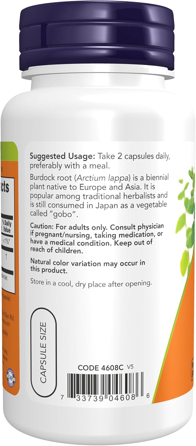NOW Foods, Raíz de Bardana (Arctium lappa) 430 mg, Suplemento Herbolario, 100 Cápsulas Vegetales
