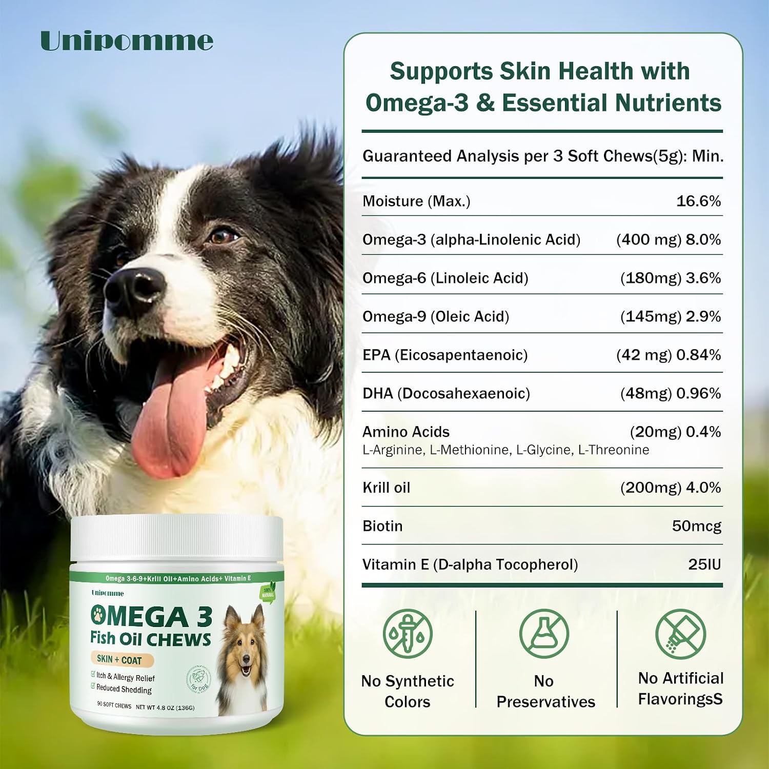 Unipomme - Snacks de Alivio para Alergias en Perros con Omega 3 y Aceite de Pescado