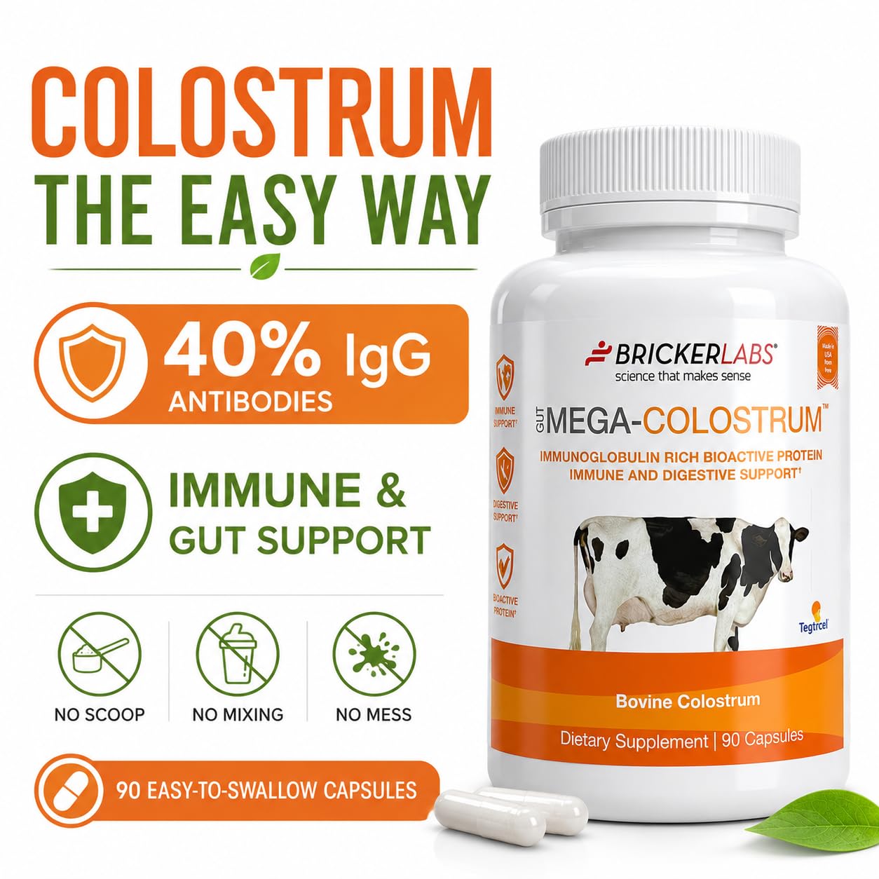 Bricker Labs Mega-Colostrum Cápsulas - Calostro Bovino 1000 mg con 40% IgG, 45 Cápsulas