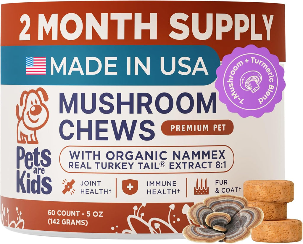 Pets are Kids Turkey Tail Mushroom for Dogs with Organic Real Turkey Tail™ - 8:1 Extract Mushroom Chews for Immune System Health, Gut, Skin & Joint Support - Reishi, Lion's Mane - 120 Chews