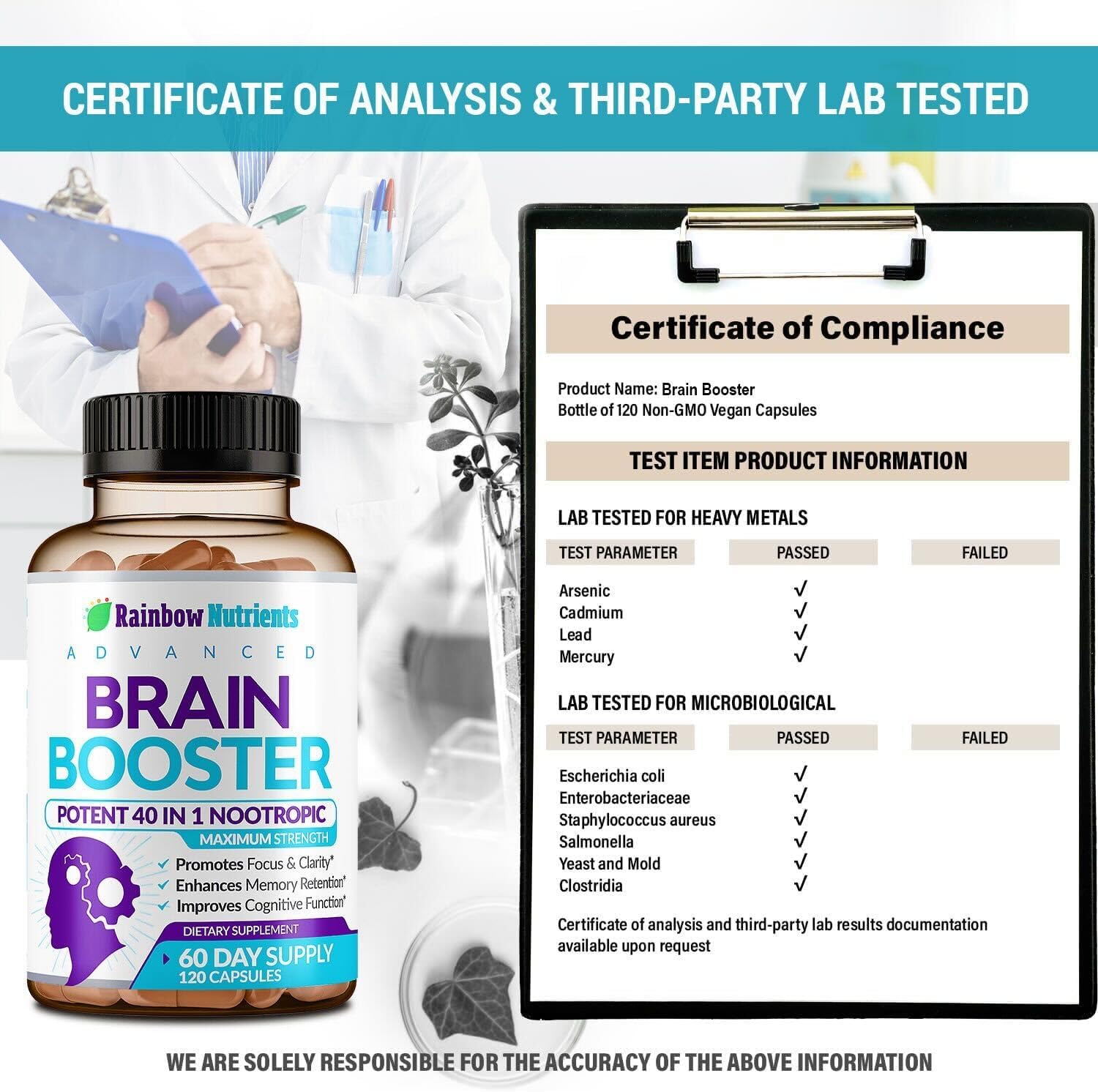 40-en-1 Brain Booster – Complemento Nootrópico para Memoria y Enfoque, 120 Cápsulas
