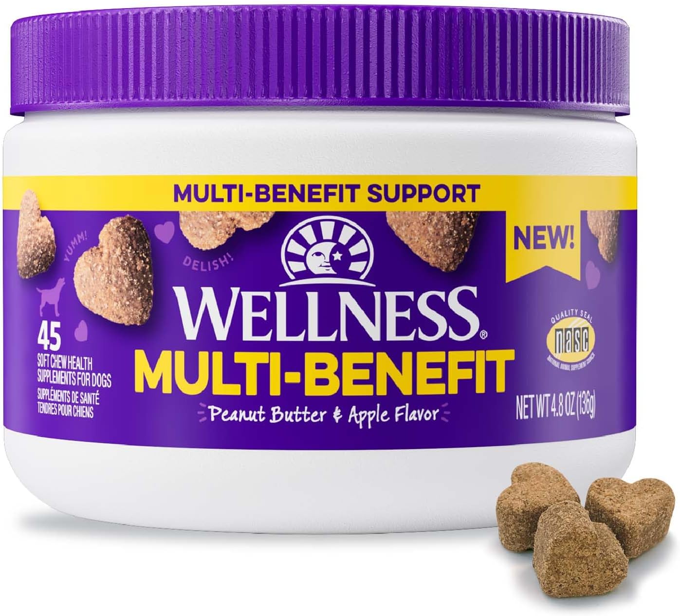 Wellness Masticables Blandos Sabor a Mantequilla de Cacahuete y Manzana Suplementos Multibeneficio para Perros, 45 Unidades