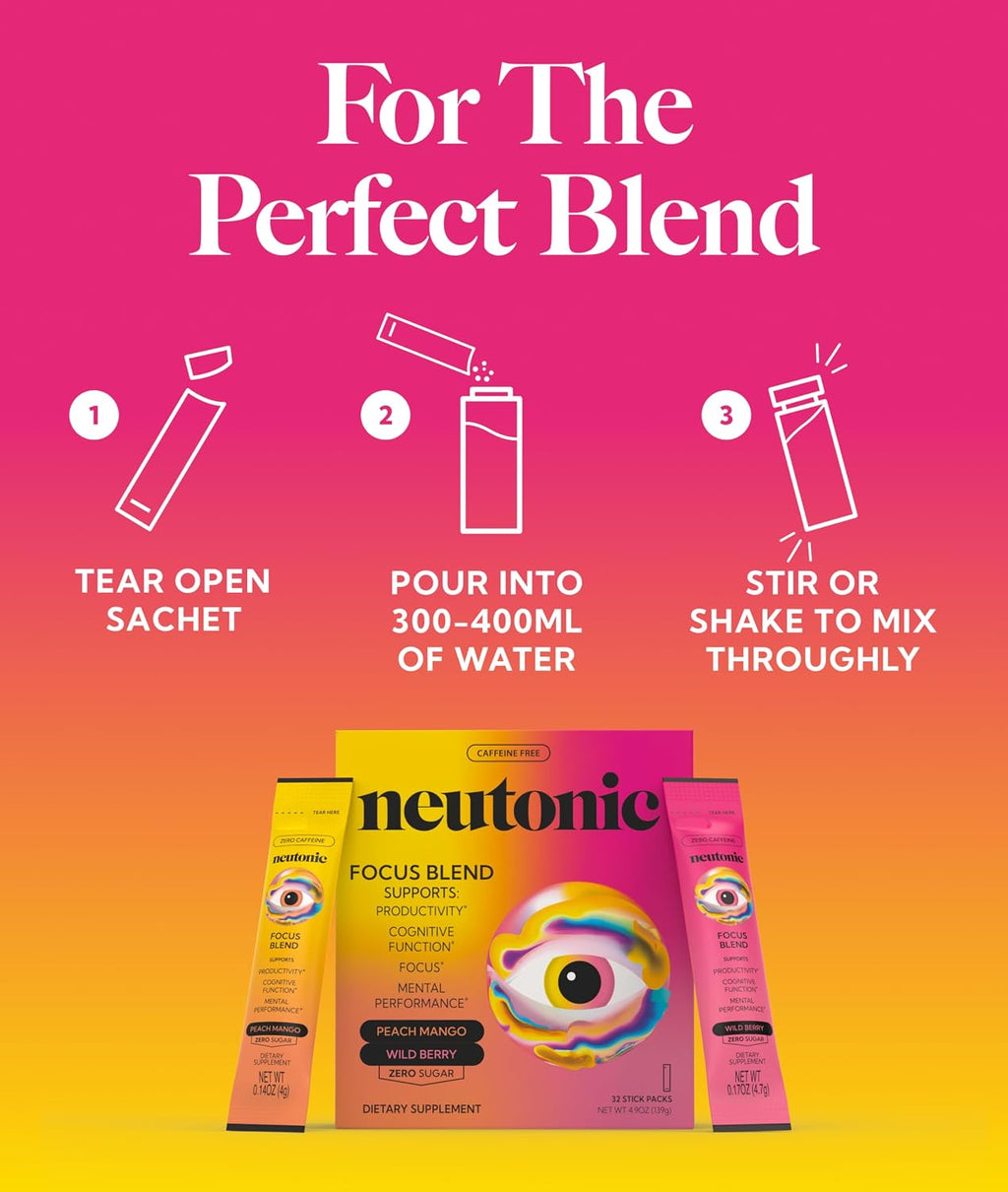 Neutonic Nootropic Focus Blend | 32 Sticks | Sabor Mango Melocotón y Bayas Silvestres | Sin Cafeína