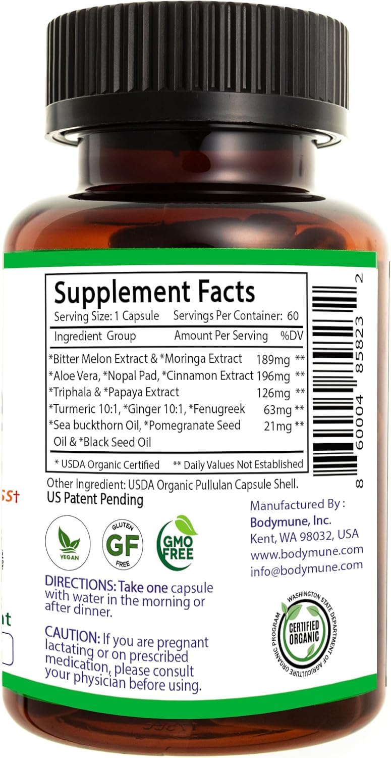 Bodymune Blood Sugar Blend – Suplemento orgánico de apoyo metabólico – con melón amargo, moringa y aceite de semilla negra – 66 cápsulas – USDA Orgánico, Vegano, No GMO