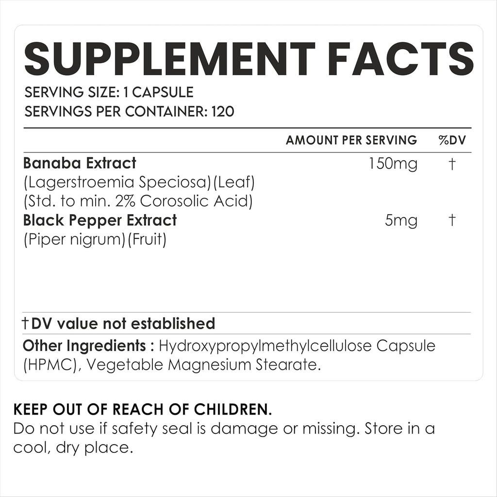 AMALTH Banaba Leaf Extract 150 mg | Ácido Corosólico 2% | 120 Cápsulas Veganas