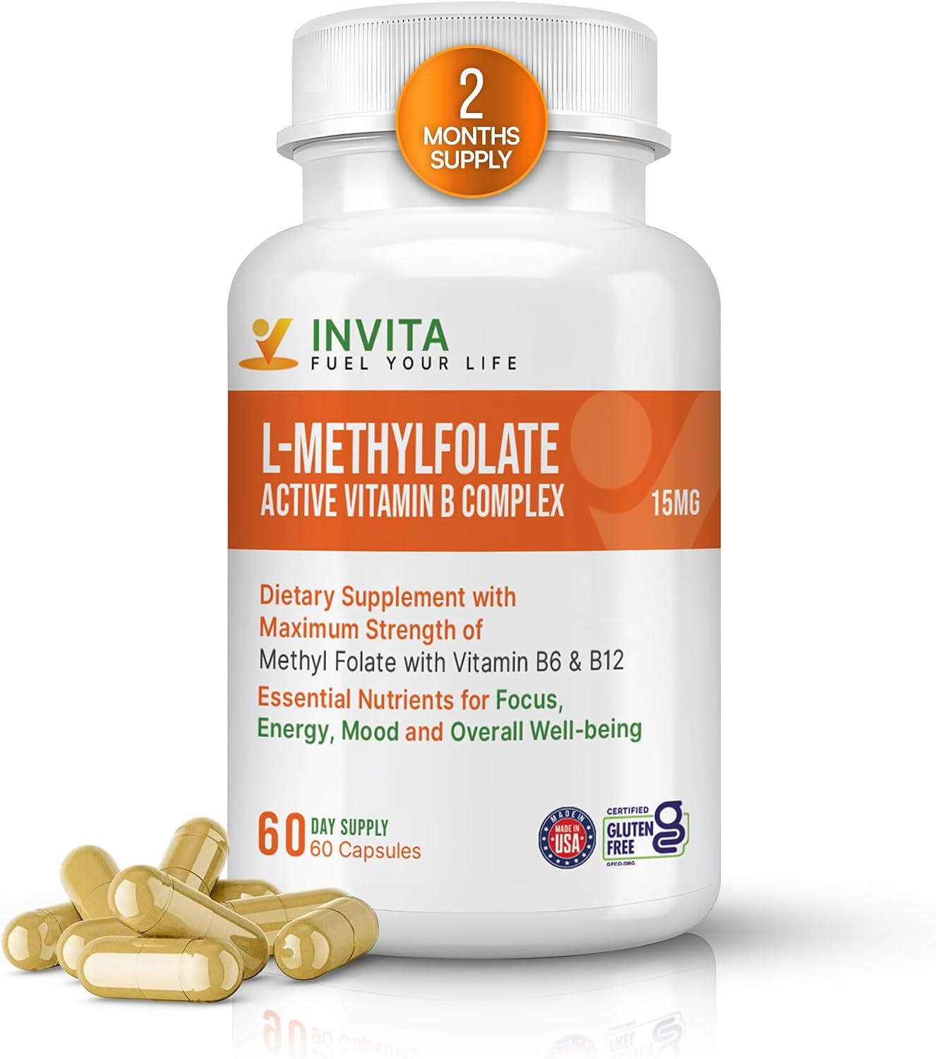 INVITA L-Metilfolato 15mg + Complejo B Activo – 60 Cápsulas – Suplemento con B6 y B12 Metilcobalamina