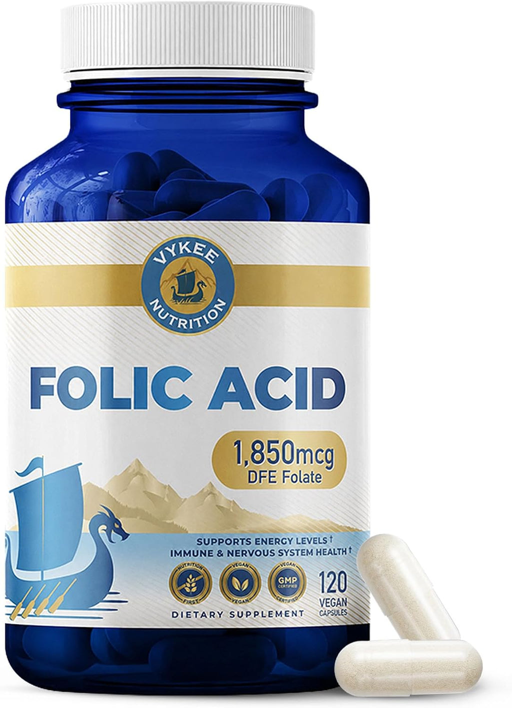 Vykee Nutrition Ácido Fólico 1850 mcg DFE - Complemento Prenatal Vegano 120 Cápsulas