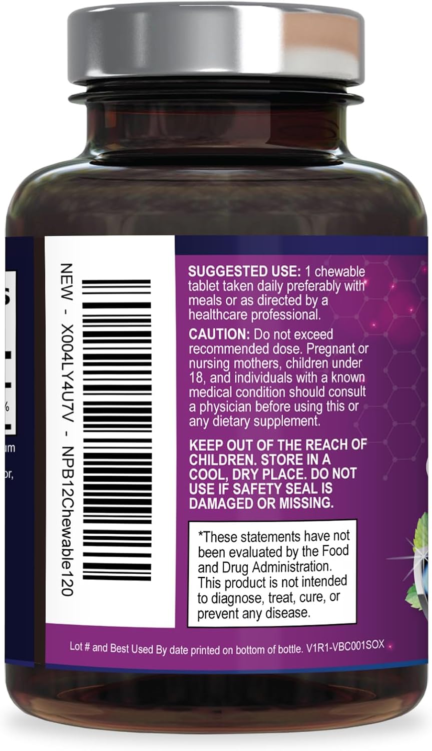 Vitamin B12 Complex (Methylcobalamin) 1000 mcg - Suplemento de Vitamina B12, Metilcobalamina, 120 Tabletas Masticables Sabor Bayas