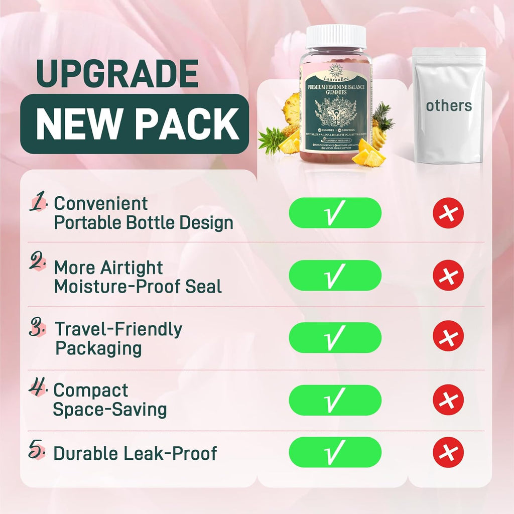 LanranBee Premium Feminine Balance Gummies - Probiótico Vaginal - 60 Gominolas - Sabor Piña Hawaiana