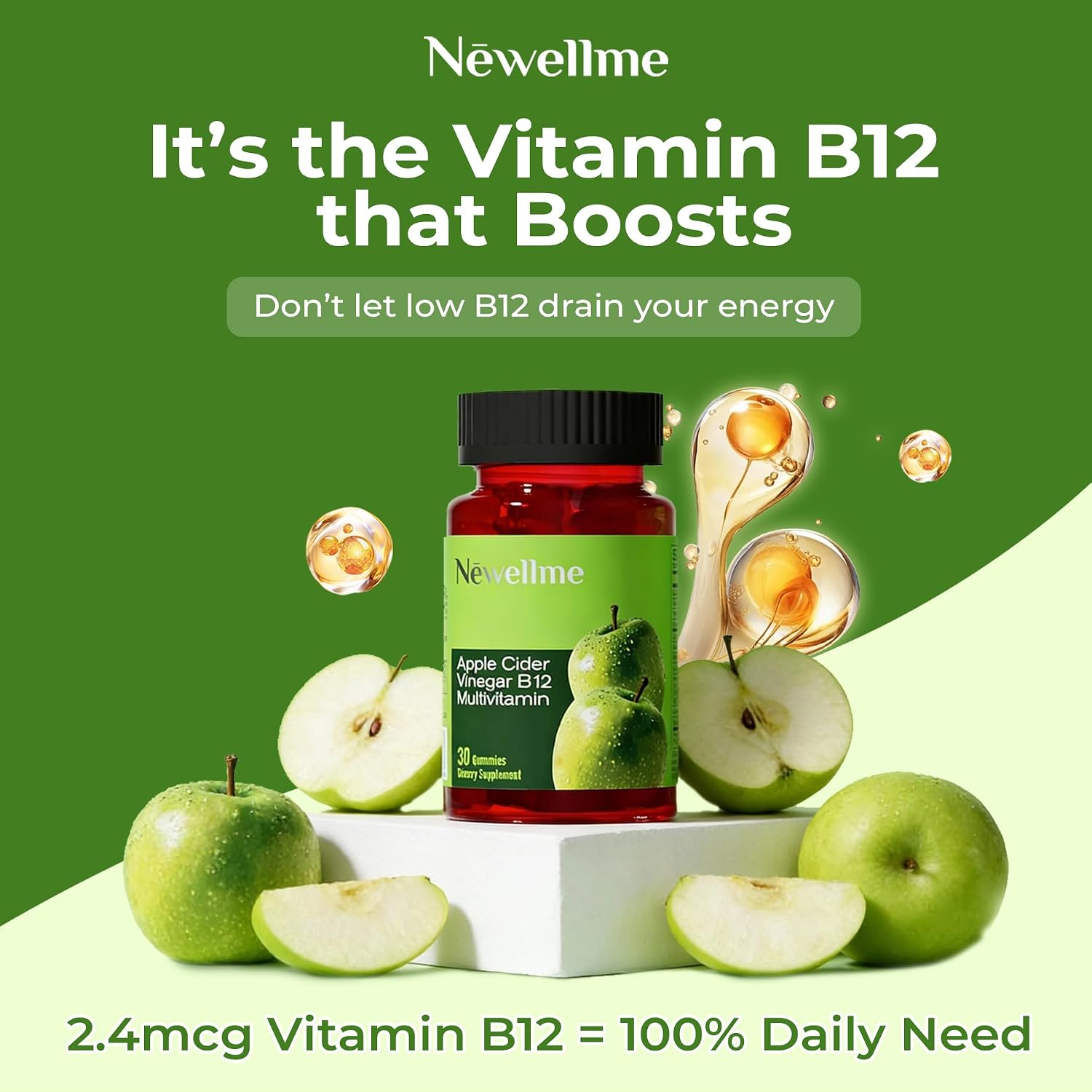 NEWELLME Gominolas de Vinagre de Manzana con la Madre y Vitamina B12 - Sin Azúcar, Veganas, 30 unidades