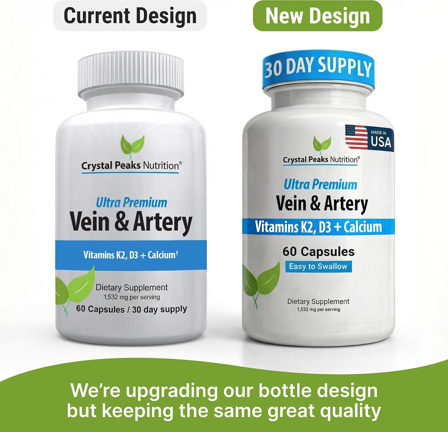 CRYSTAL PEAKS NUTRITION Suplemento para Venas y Arterias - Apoyo a la Circulación Sanguínea con Calcio, Vitaminas K2 y D3 - 60 Comprimidos