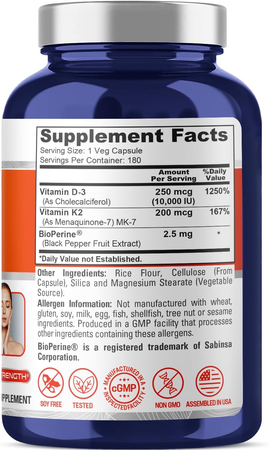 NusaPure 250 mg Vitamina D3 y 200 mcg K2 Cápsulas, 180 Cápsulas Vegetales (No GMO, Vegano)