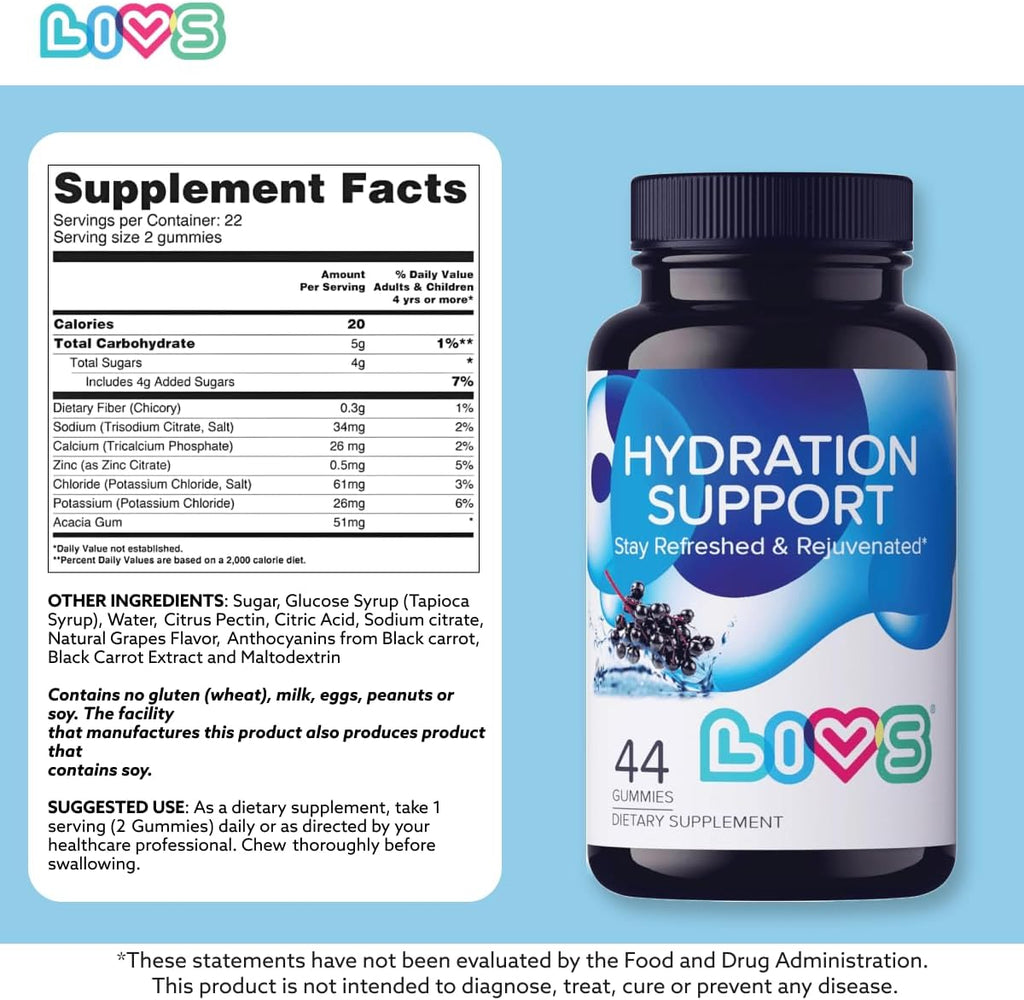 LIVS Gominolas de Electrolitos para Hidratación y Recuperación Post-Entreno – Suplemento Mineral con Calcio, Sodio, Potasio y Zinc – Vegano, Halal, Kosher – Sabor a Uva – 88 Gomitas – Hecho en EE. UU.