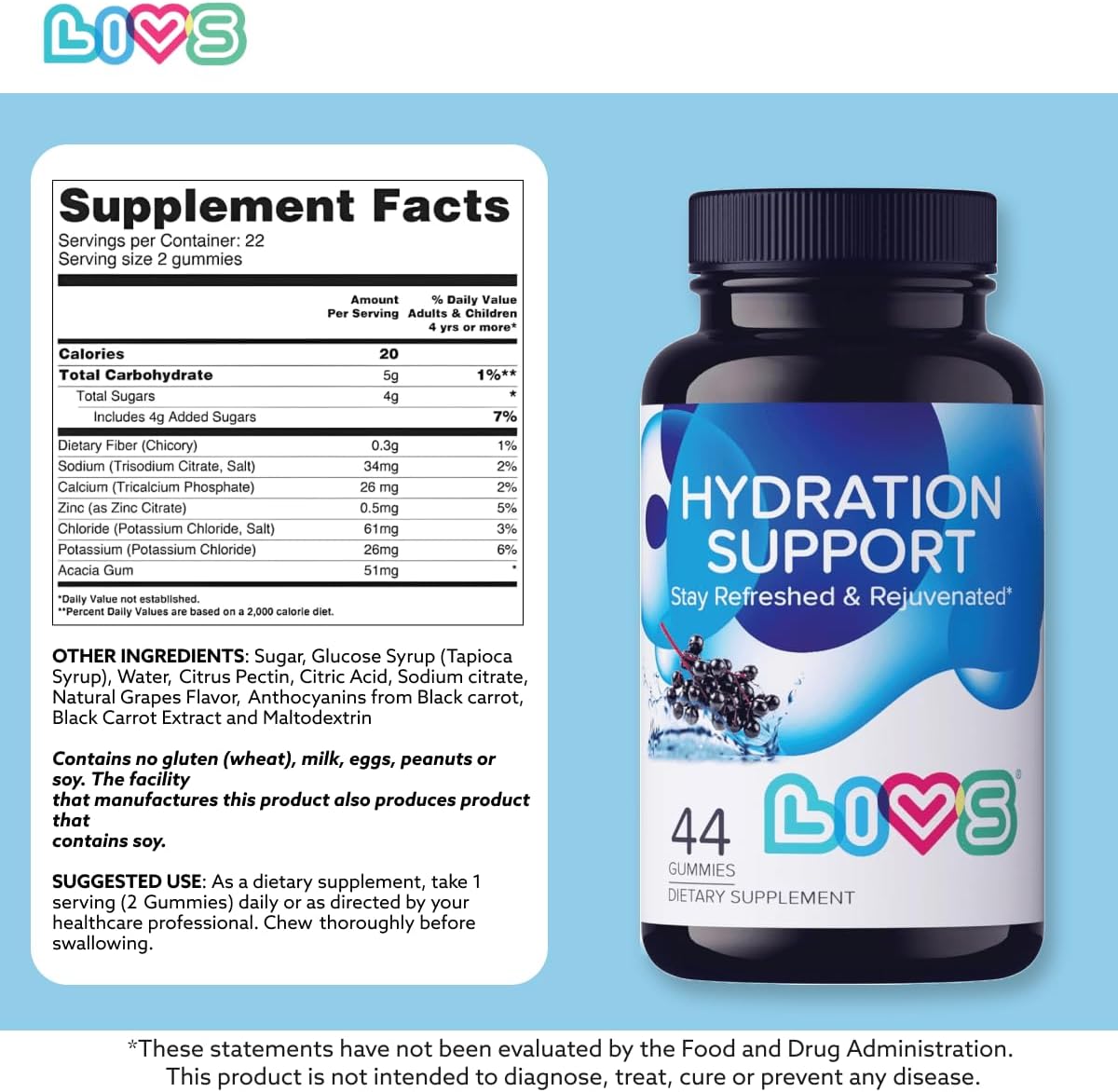 LIVS Gominolas de Electrolitos para Hidratación y Recuperación Post-Entreno – Suplemento Mineral con Calcio, Sodio, Potasio y Zinc – Vegano, Halal, Kosher – Sabor a Uva – 88 Gomitas – Hecho en EE. UU.