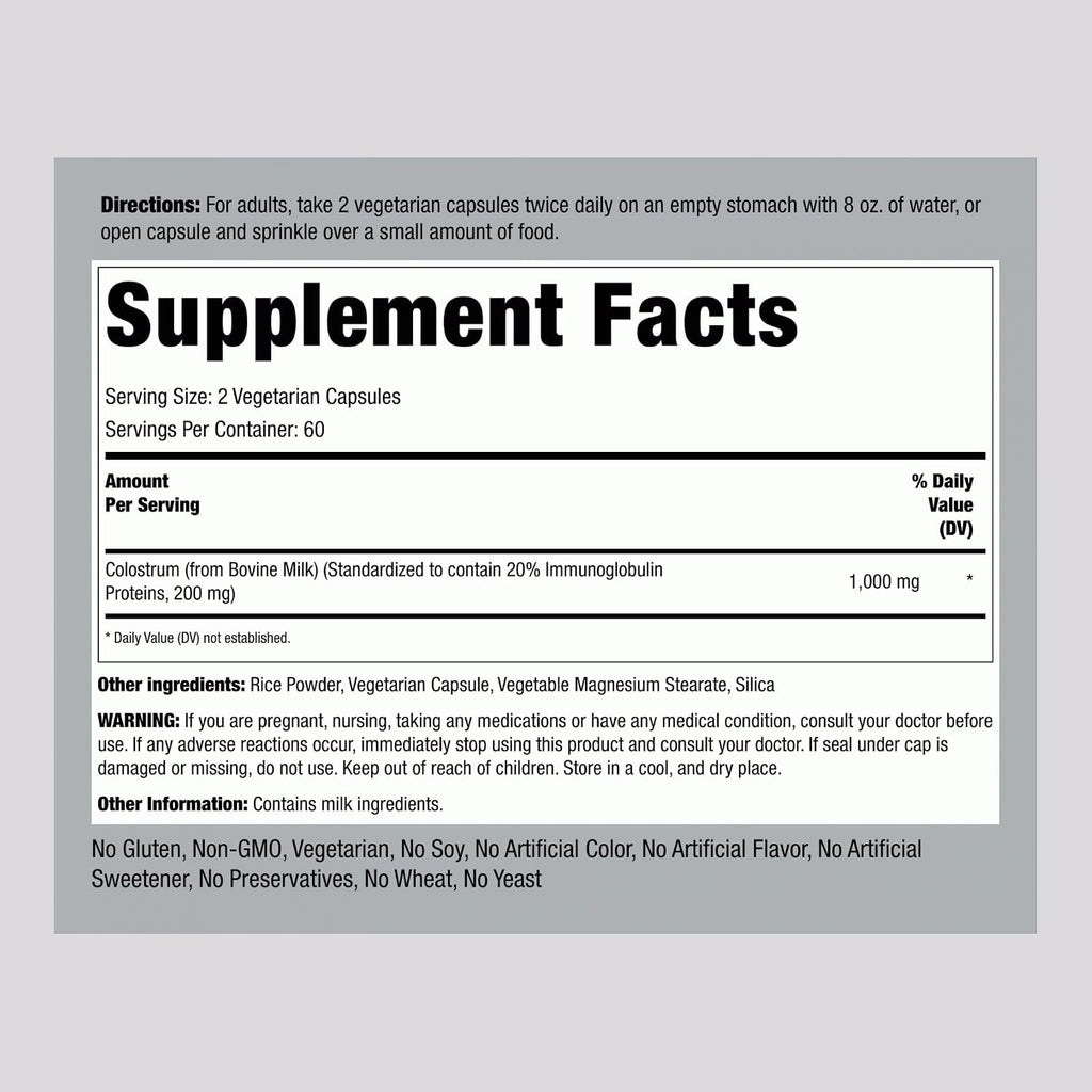 Piping Rock Colostrum Capsules 1000mg | 120 Capsules | Supplement for Women & Men | 20% Immunoglobulin | Vegetarian, Non-GMO, Gluten-Free