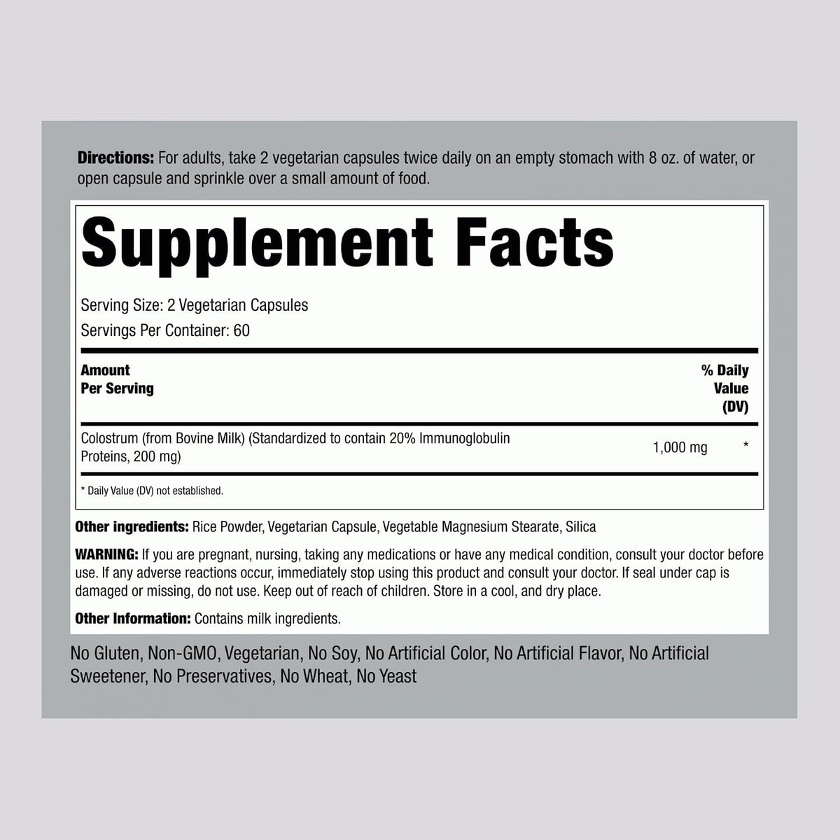 Piping Rock Calostro Cápsulas 1000mg | 120 – Estandarizado al 20% de inmunoglobulinas: Garantiza un contenido – Image 2