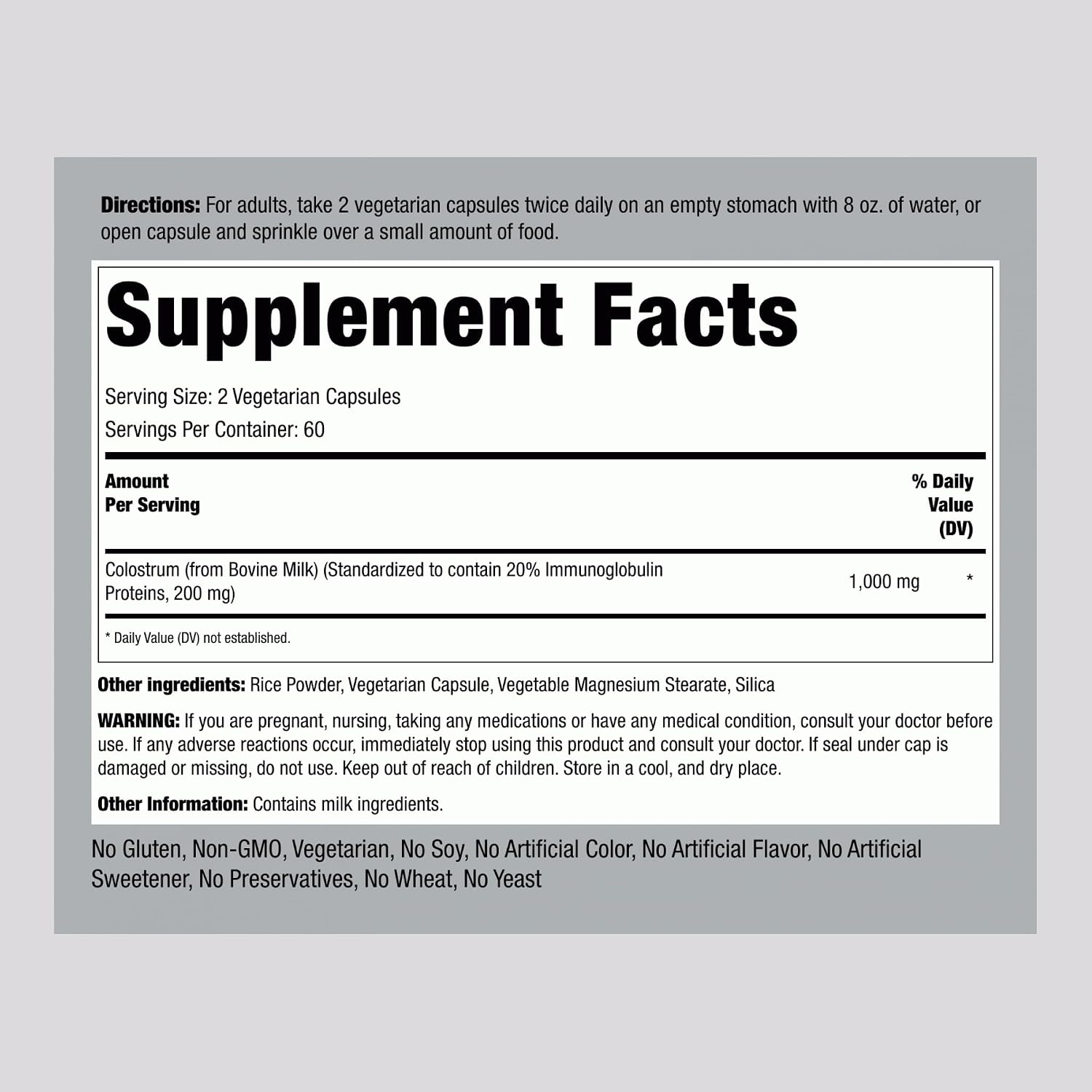 Piping Rock Colostrum Capsules 1000mg | 120 Capsules | Supplement for Women & Men | 20% Immunoglobulin | Vegetarian, Non-GMO, Gluten-Free
