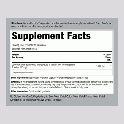Piping Rock Calostro Cápsulas 1000mg | 120 – Estandarizado al 20% de inmunoglobulinas: Garantiza un contenido – Image 2