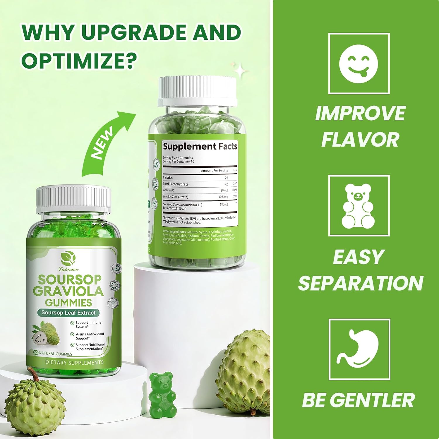 Lukaree Gominolas de Soursop Graviola - 2 Paquetes - Extracto Concentrado con Vitamina C y Zinc - 60 Gominolas
