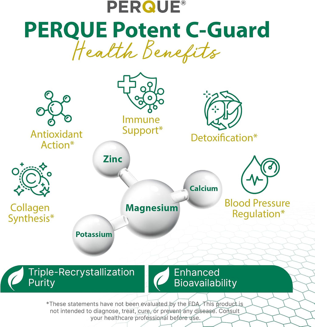 PERQUE Potent C Guard - Vitamina C Tamponada en Polvo Efervescente con Magnesio, Potasio y Zinc - 454 g