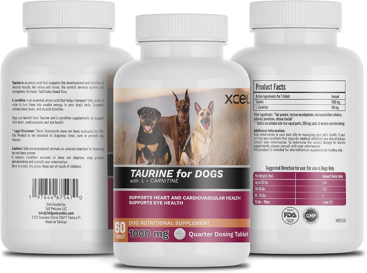 XCEL Taurina para Perros 1000 mg con L-Carnitina, Comprimidos Ranurados (250 mg por sección)