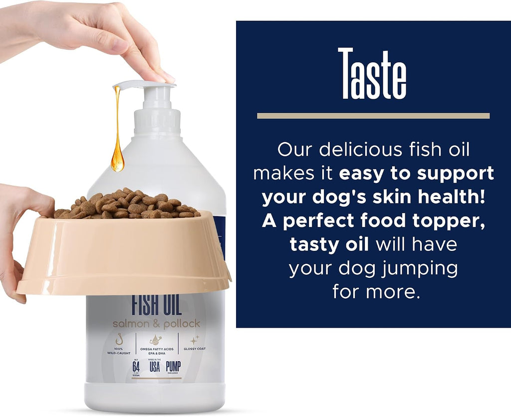 Aceite de Salmón Salvaje de Alaska y Abadejo para Perros - 64 oz (1.89 L) - Omega 3, EPA y DHA - Suplemento para Piel y Pelaje