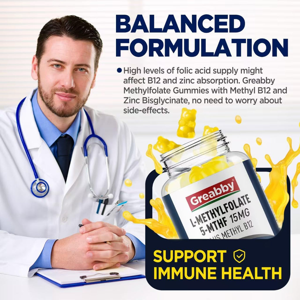 Gominolas de Metilfolato L con B12 Metilada - 5-MTHF 15 mg + Metilcobalamina 1000 mcg - 60 Gominolas Sin Azúcar