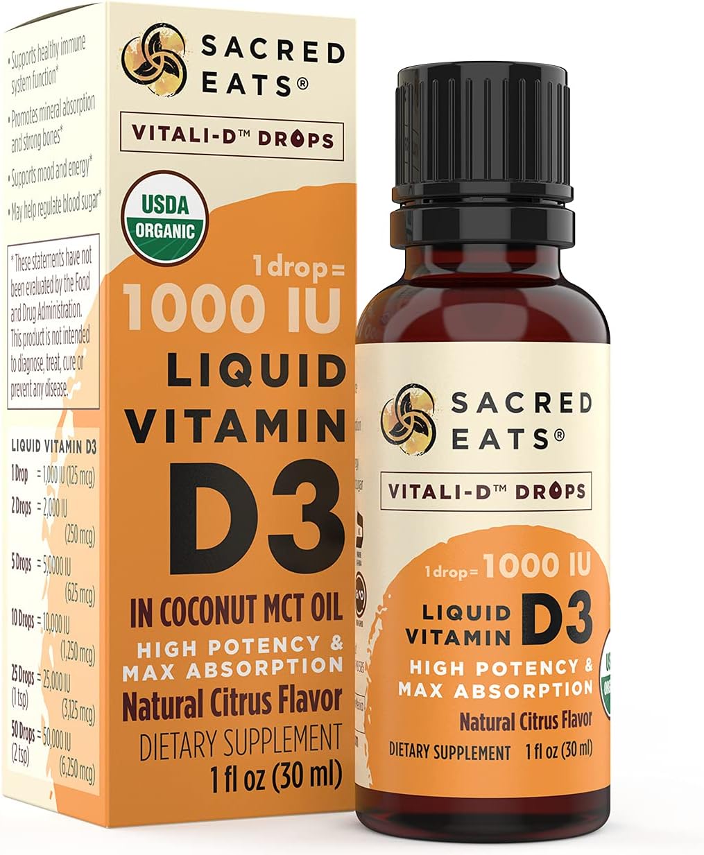 Gotas Líquidas Orgánicas de Vitamina D3 – 1000 IU, Sabor Cítrico