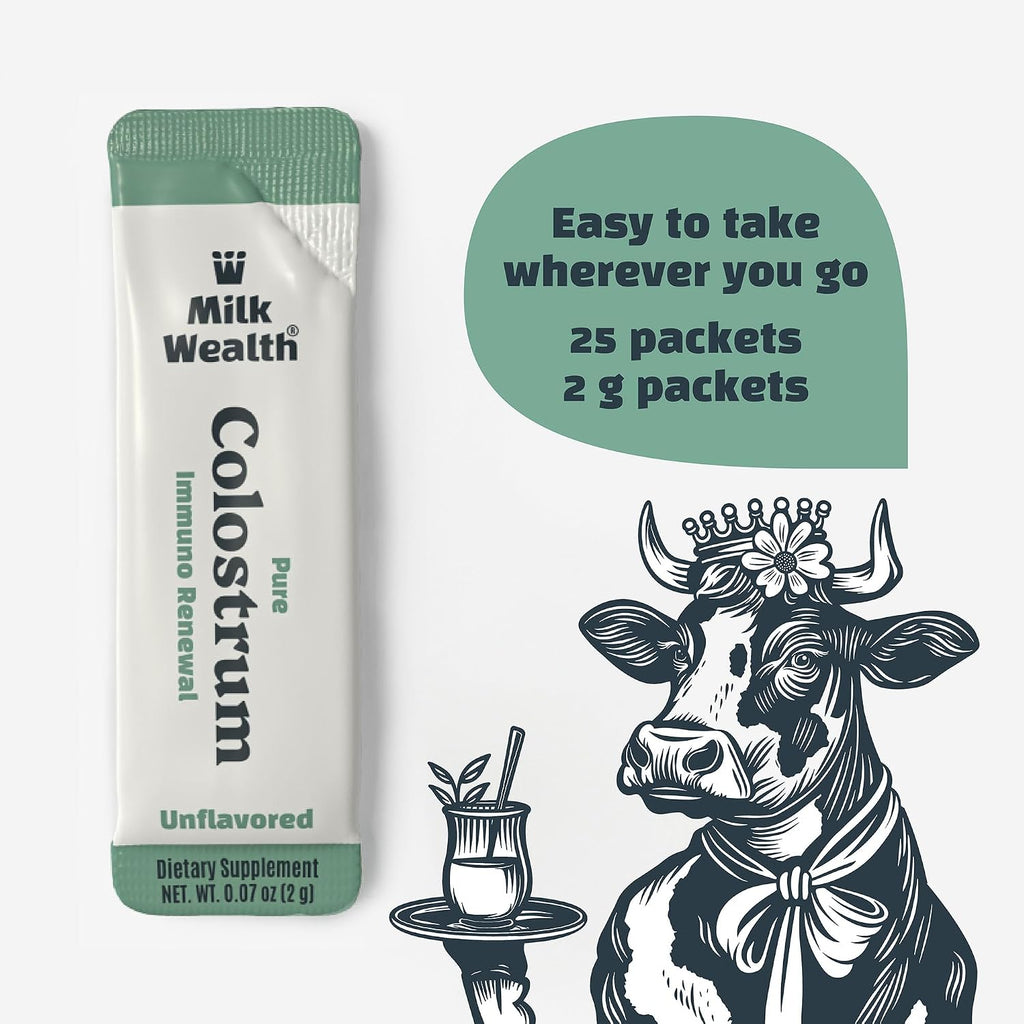 Milk Wealth™ Calostro Bovino en Polvo 50g | Liofilizado con IgG Natural | Apoyo Inmunitario y Salud Intestinal | Pasto Alimentado y Sin Sabor | No Transgénico y Sin Gluten | 25 Sobres Individuales (2g Cada Uno)