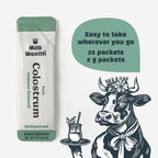 Milk Wealth™ Calostro Bovino en Polvo 50g | Liofilizado con IgG Natural | Apoyo Inmunitario y Salud Intestinal | Pasto Alimentado y Sin Sabor | No Transgénico y Sin Gluten | 25 Sobres Individuales (2g Cada Uno)