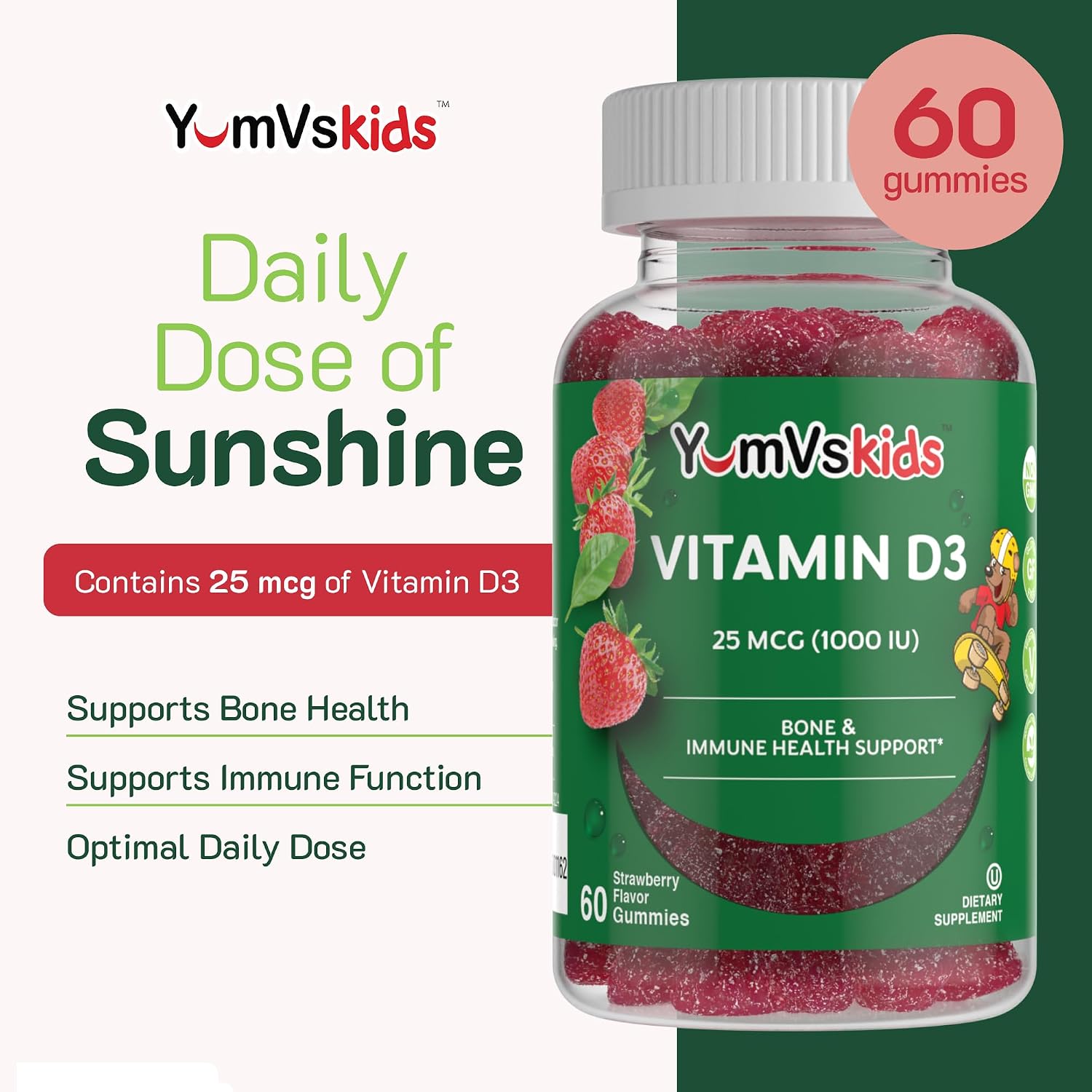 YUM-V's Gomitas de Vitamina D3 para Niños - 1000 UI - 60 Gomitas