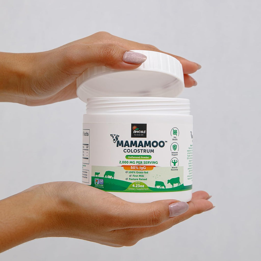MamaMoo™ Colostro Bovino en Polvo >50% IgG, de Pasto, Verificado Non-GMO, 400+ Nutrientes, 60 Dosis (Sin Sabor)