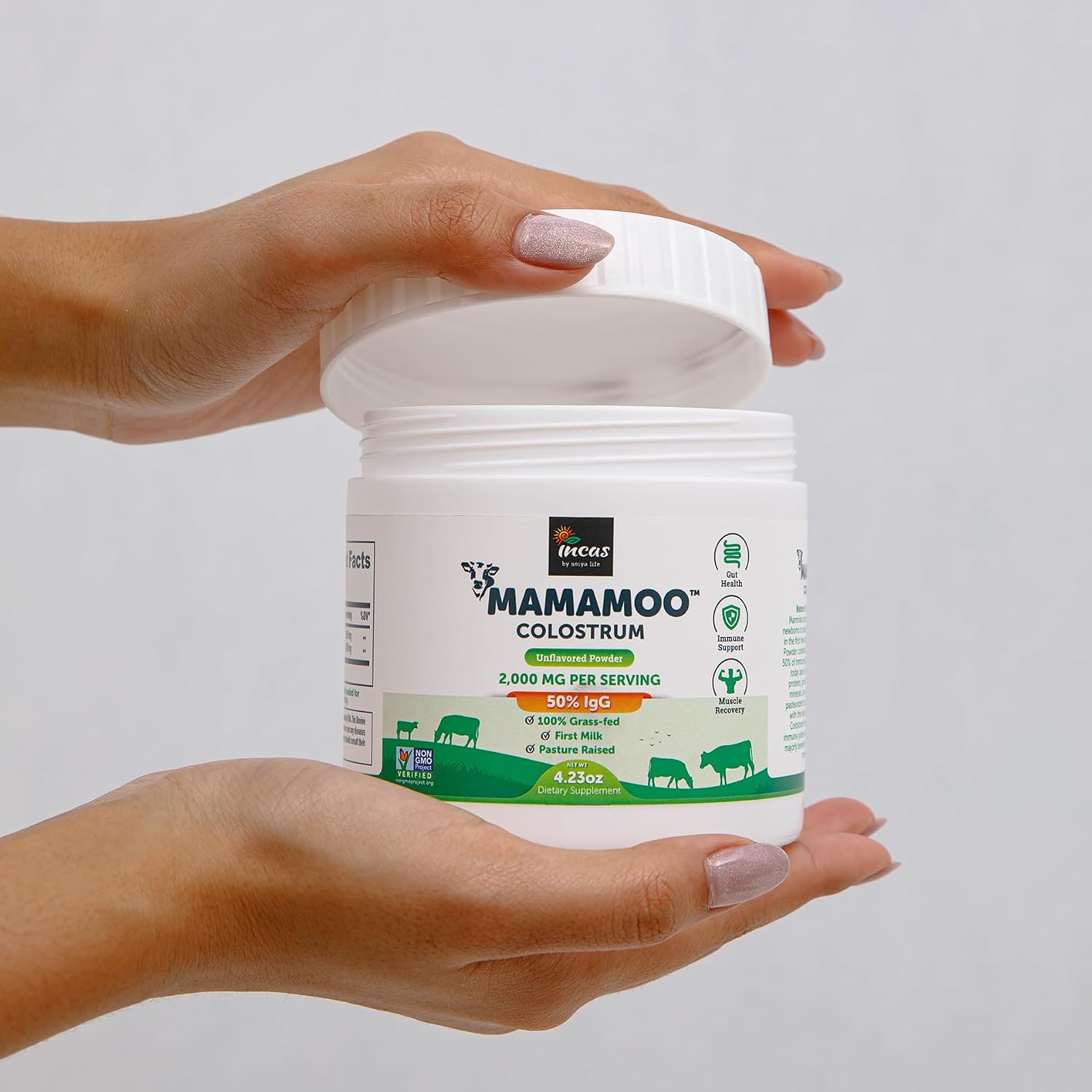 MamaMoo™ Colostro Bovino en Polvo >50% IgG, de Pasto, Verificado Non-GMO, 400+ Nutrientes, 60 Dosis (Sin Sabor)