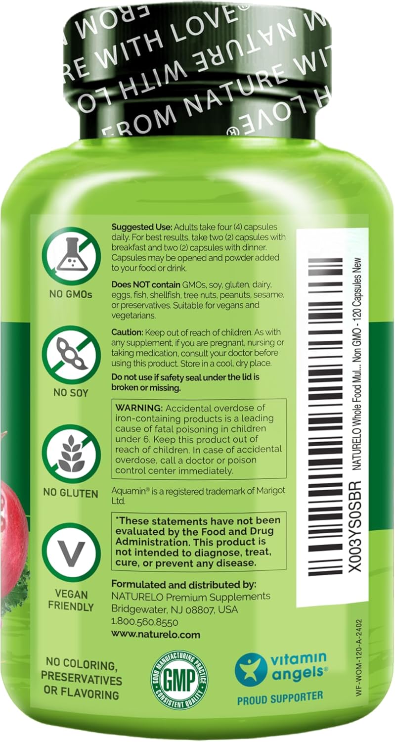 NATURELO Whole Food Multivitamin for Women - 120 Vegan Capsules with Vitamins, Minerals, and Organic Extracts