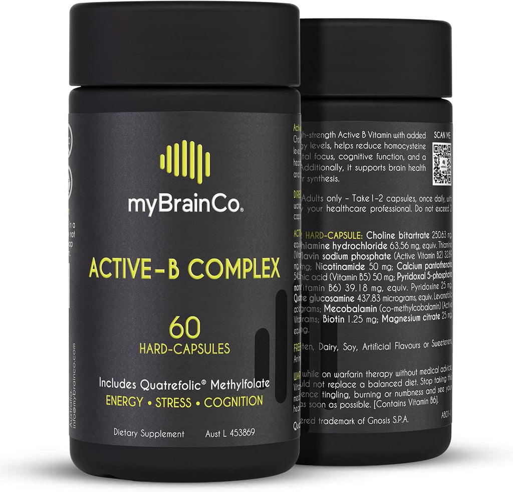 myBrainCo. Active-B Complex – Complejo B Activado de Alta Potencia con B2, B6, B12 y Metilfolato – Apoya Energía, Función Cerebral y Sistema Nervioso – 60 Cápsulas Vegetales
