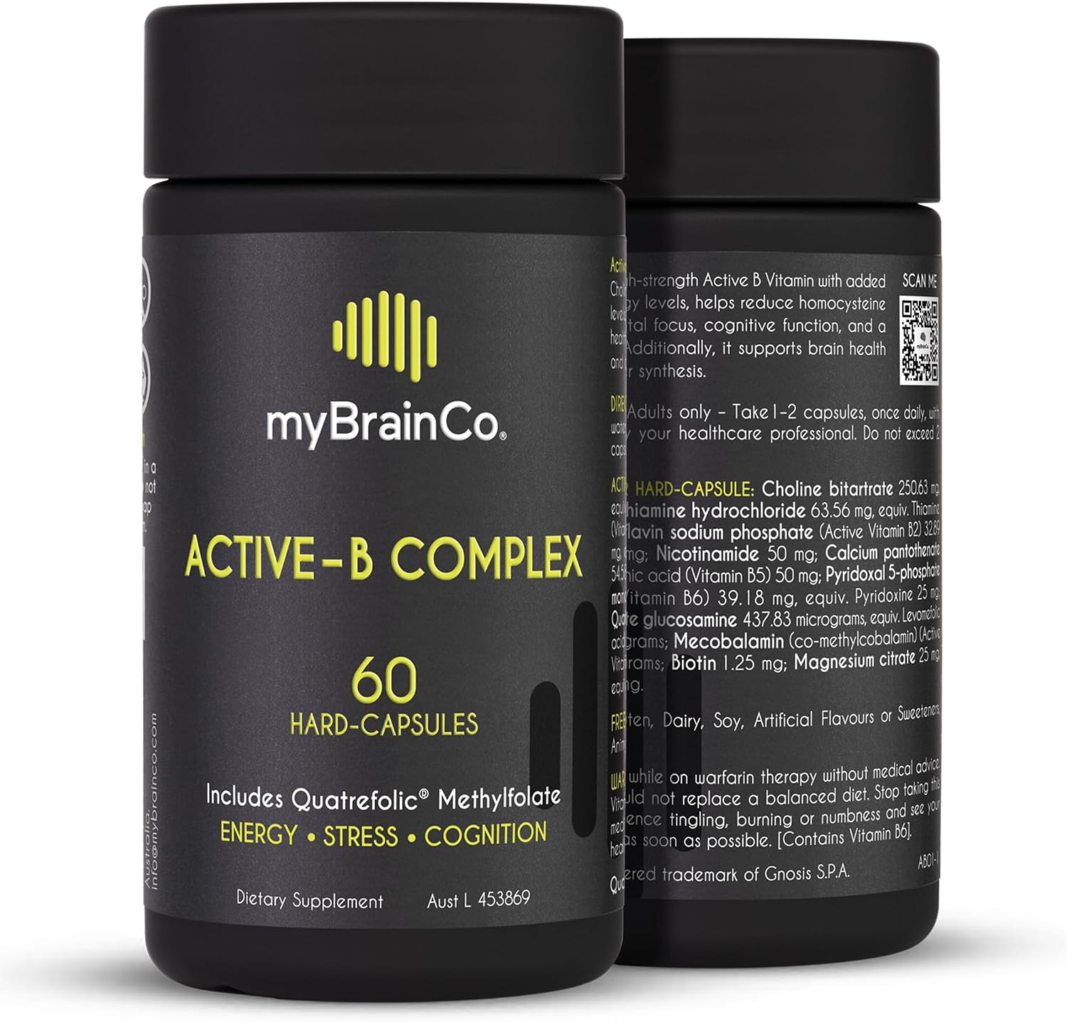 myBrainCo. Active-B Complex – Complejo B Activado de Alta Potencia con B2, B6, B12 y Metilfolato – Apoya Energía, Función Cerebral y Sistema Nervioso – 60 Cápsulas Vegetales