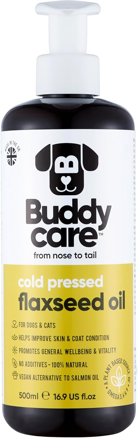 Buddycare Aceite de Linaza - 500 ml - Suplemento Natural para Perros y Gatos - Rico en Ácidos Grasos Omega-3 para un Pelaje y Piel Saludables