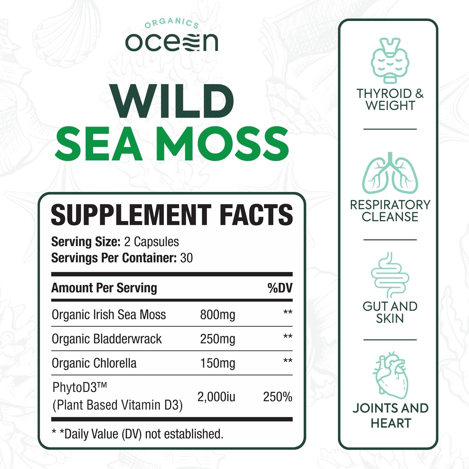 Organics Ocean Wild Sea Moss Cápsulas - Musgo Marino Orgánico con Chlorella, Bladderwrack y Vitamina D - 3 Botellas