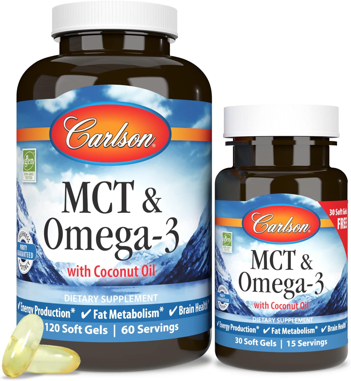 Carlson MCT y Omega-3 con Aceite de Coco Virgen Orgánico, EPA y DHA, 120+30 Cápsulas Blandas