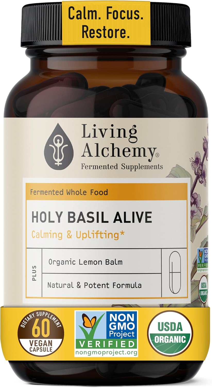 Holy Basil Fermentado con Bálsamo de Limón - Suplemento Adaptógeno Vegano, 60 Cápsulas