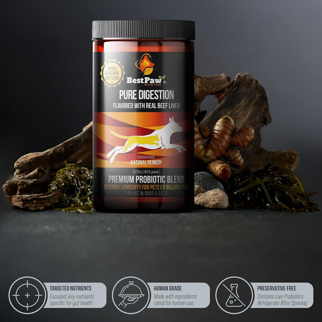 Pure Digestion Probiotics and Digestive Enzymes for Dogs and Cats - Beef Liver Flavor - 16 oz
