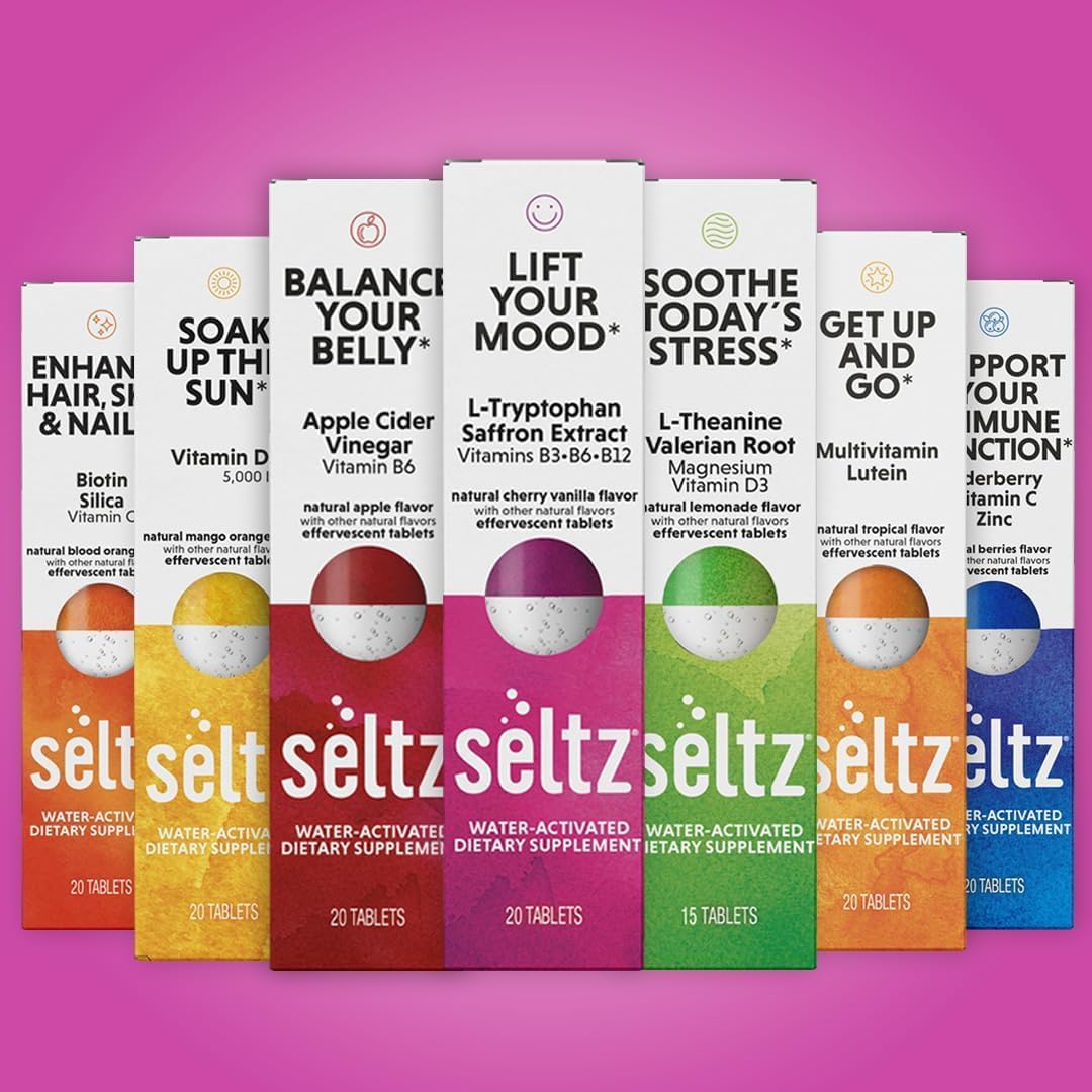 Seltz Mood Support Drink Tablets, Effervescent Tablets to Lift Your Mood, Saffron Supplement, with L-Tryptophan B3, B6, B12, Mood and Energy Support, Cherry Vanilla Flavor, 120 Tabs 6 Pack