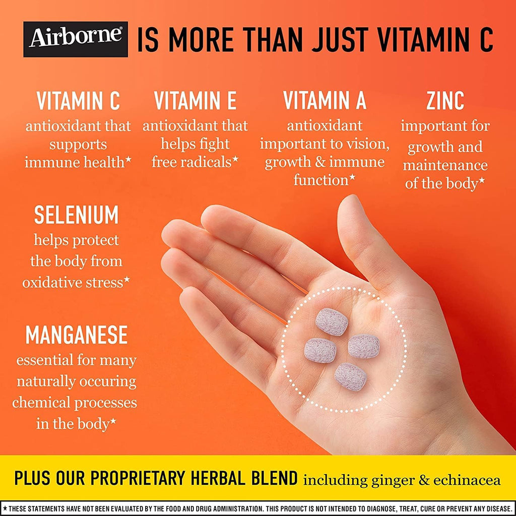 Airborne Vitamina C 1000 mg + Zinc – Comprimidos masticables sabor Frutos Rojos y Cítricos – 116 comprimidos