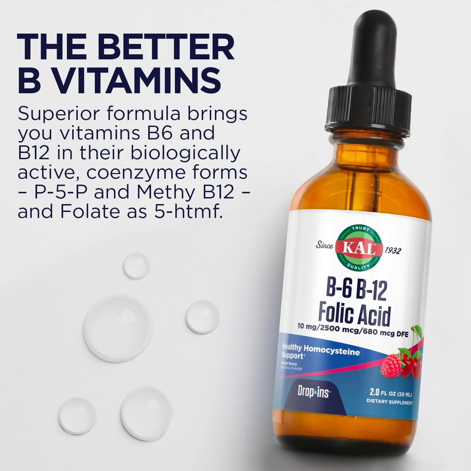 KAL Vitamin B-6 B-12 Folic Acid DropIns, Gotas Líquidas de Complejo B, 59 dosis, 2 oz