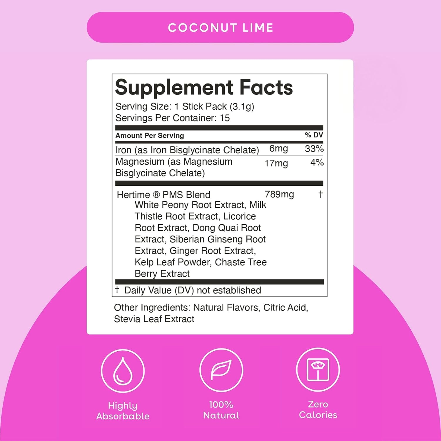 MIXHERS Hertime PMS - Apoyo para el Ciclo Menstrual - con Minerales, Raíz de Peonía y Ginseng Siberiano - Sin Azúcar - 15 Sobres - Sabor Lima Coco