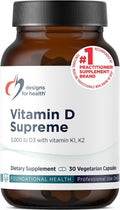 Designs for Health Vitamin D Supreme - Vitamina D3 5000 UI con Vitamina K MK-4 2000 mcg y GG, 30 Cápsulas